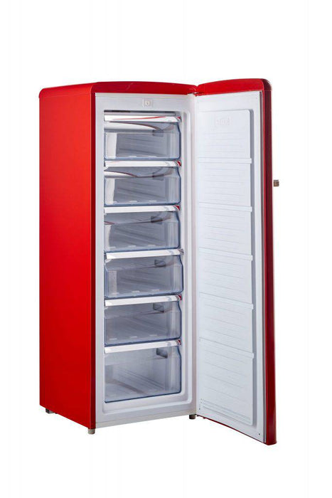 Unique 6 Cu/Ft Retro AC Upright All Freezer open with chrome accents, red finish, available at Cabin Depot, energy-efficient.