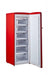 Unique 6 Cu/Ft Retro AC Upright All Freezer open with chrome accents, red finish, available at Cabin Depot, energy-efficient.