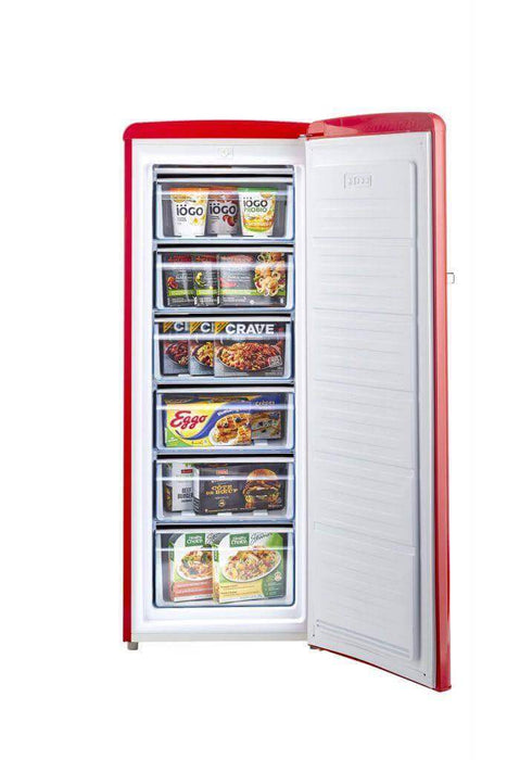 Unique 6 Cu/Ft Retro AC Upright All Freezer from Cabin Depot with open door showing interior shelves filled with frozen foods.