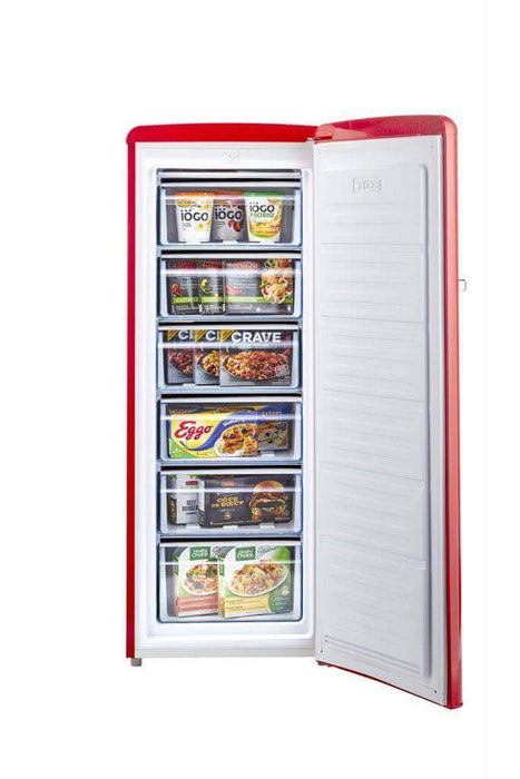 Unique 6 Cu/Ft Retro AC Upright All Freezer from Cabin Depot with open door showing interior shelves filled with frozen foods.