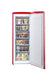 Unique 6 Cu/Ft Retro AC Upright All Freezer from Cabin Depot with open door showing interior shelves filled with frozen foods.