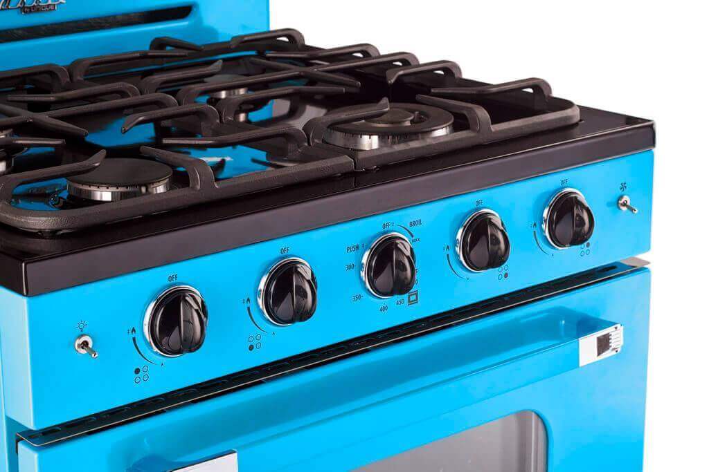 Unique 30" Classic Retro Convection Gas Range in blue with chrome accents, available at Cabin Depot. Electronic ignition, 1950s design.