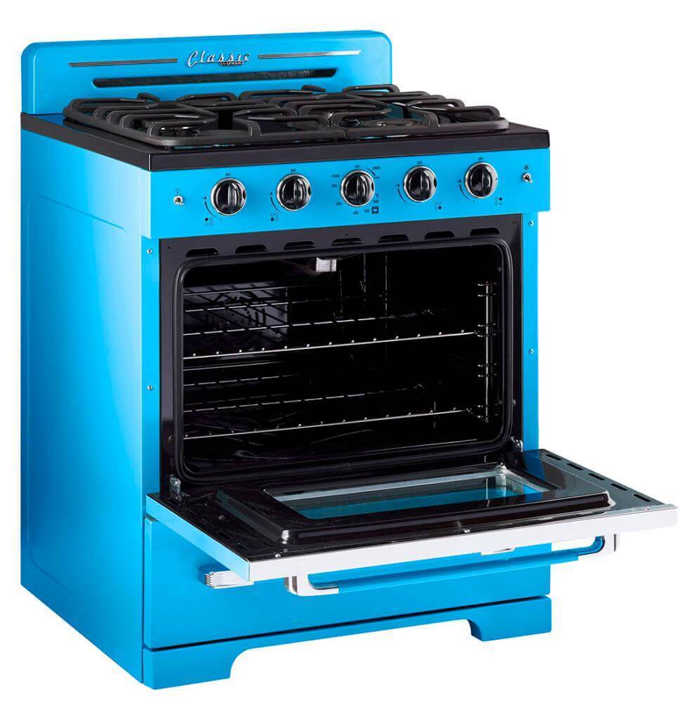 Unique 30" Classic Retro Convection Gas Range in blue, with electronic ignition and chrome accents, available at Cabin Depot.
