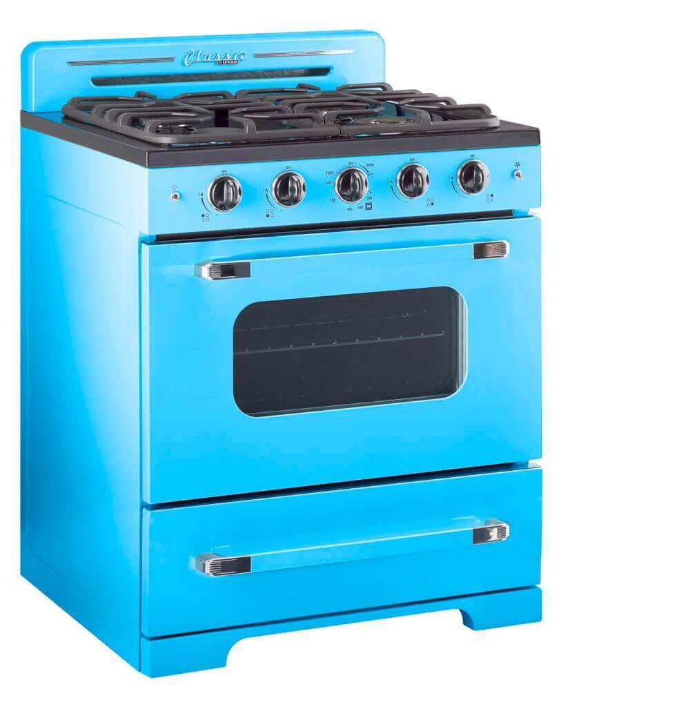 Unique 30” Classic Retro Convection Gas Range in blue with electronic ignition - Available at Cabin Depot - Stylish 1950s design