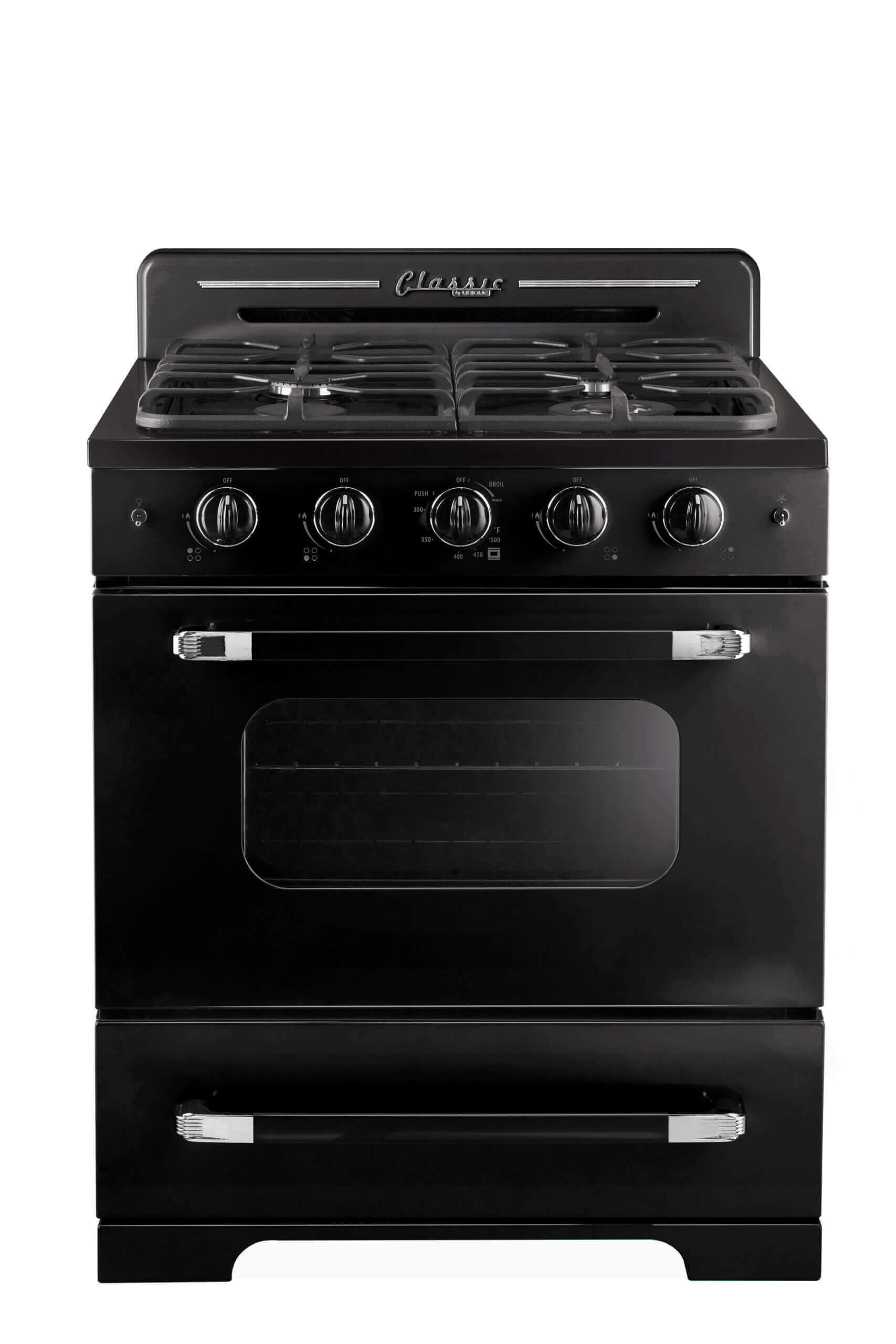 Unique 30" Classic Retro Convection Gas Range with Electronic Ignition in black, featuring chrome accents, available at Cabin Depot.