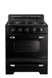 Unique 30" Classic Retro Convection Gas Range with Electronic Ignition in black, featuring chrome accents, available at Cabin Depot.