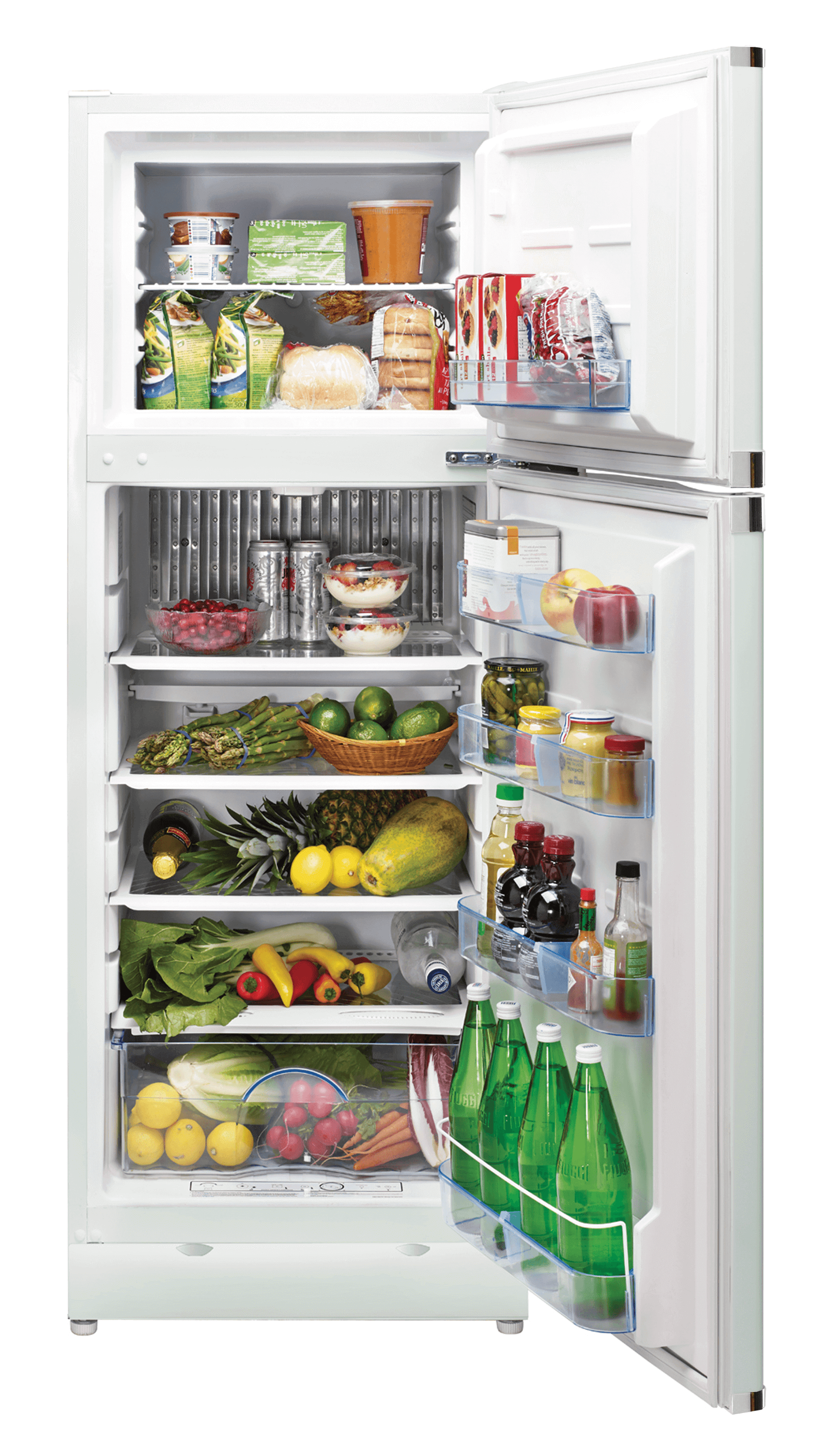Open light green retro fridge from Cabin Depot, stocked with fresh produce, showcasing compact 10 Cu/Ft design for off-grid living.