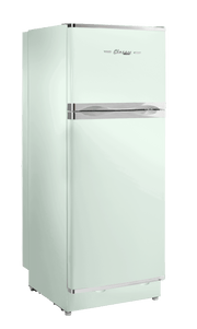 Light green retro 10 cu/ft propane fridge by Cabin Depot - perfect for off-grid living with mid-century design.