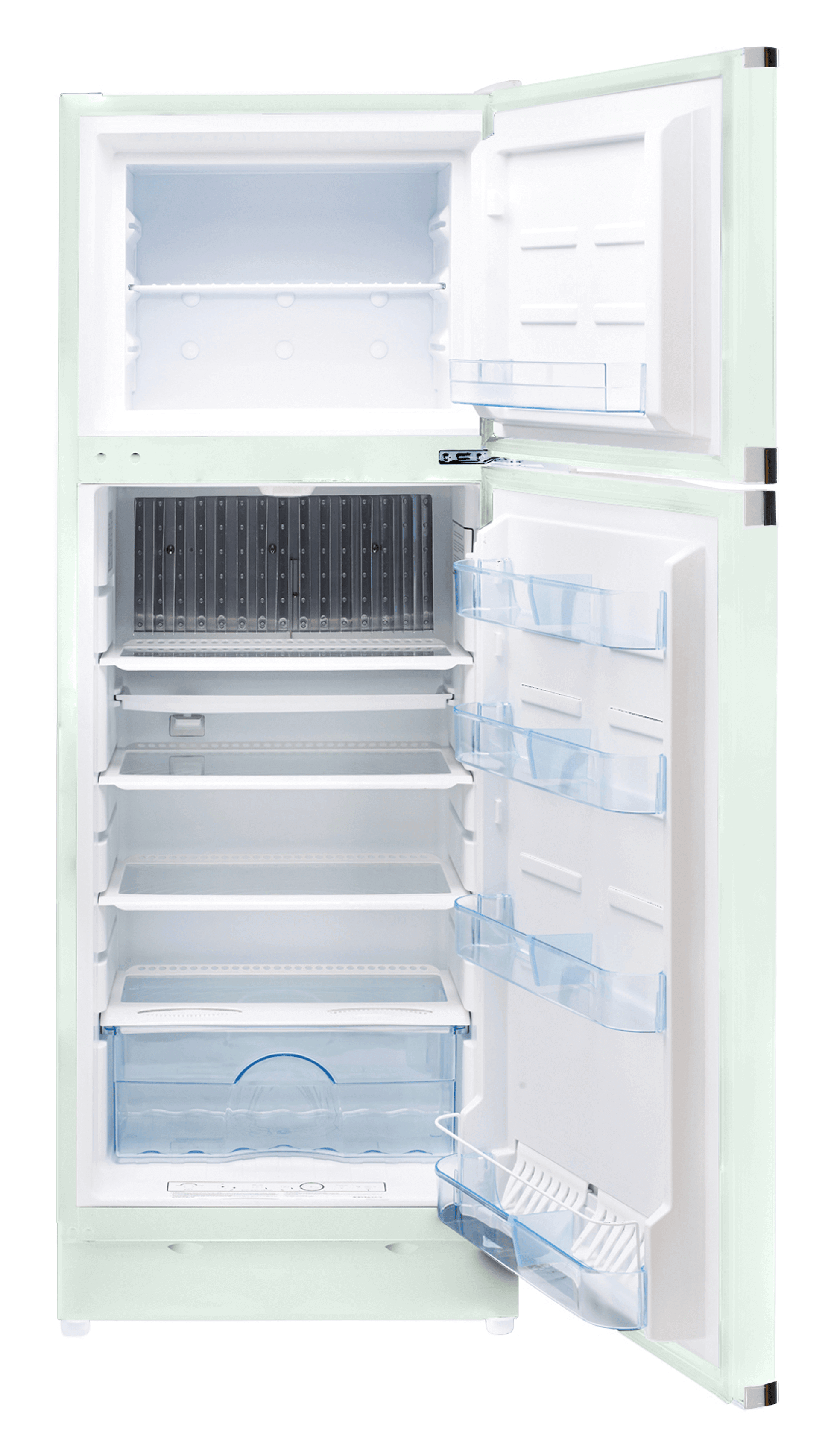 Light green 10 cu/ft Classic Retro propane fridge, open door view, ideal for off-grid cabins from Cabin Depot.