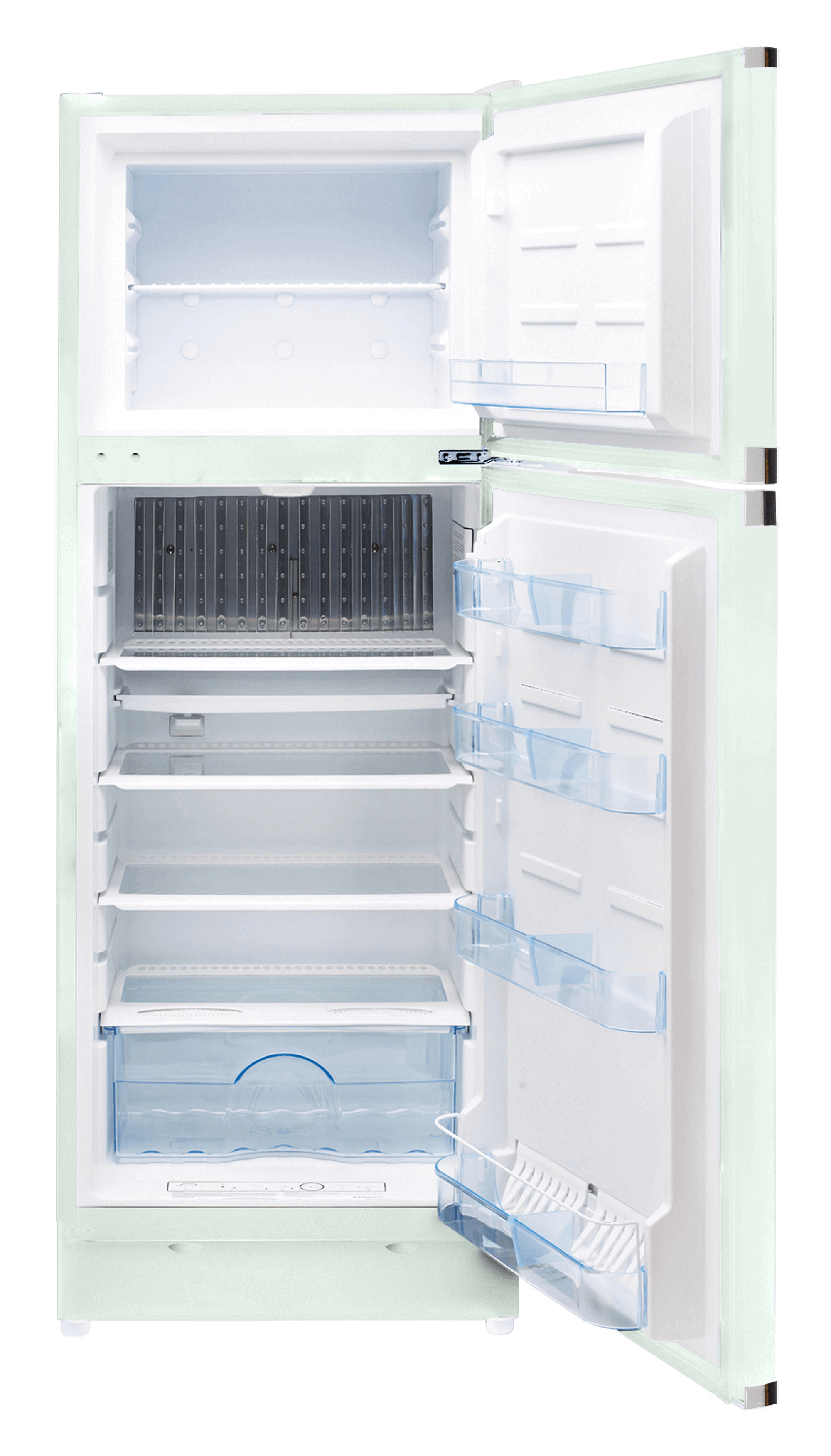 Light green 10 cu/ft Classic Retro propane fridge, open door view, ideal for off-grid cabins from Cabin Depot.