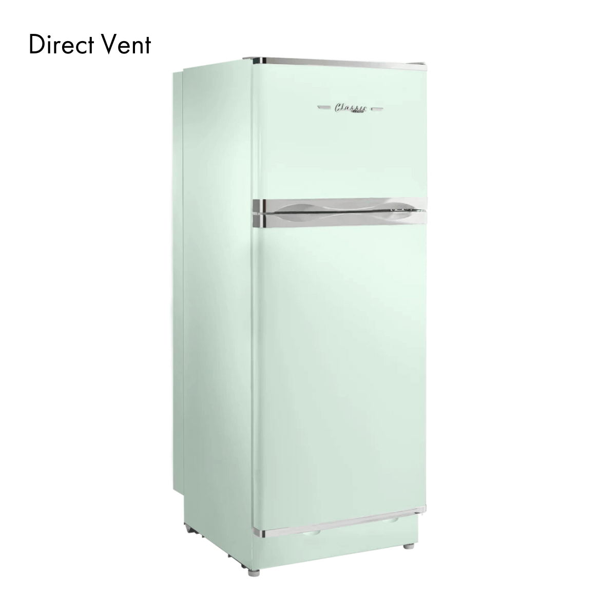 Light green 10 Cu/Ft Classic Retro Direct Vent Propane Fridge for off-grid use, available at Cabin Depot - stylish and compact design.
