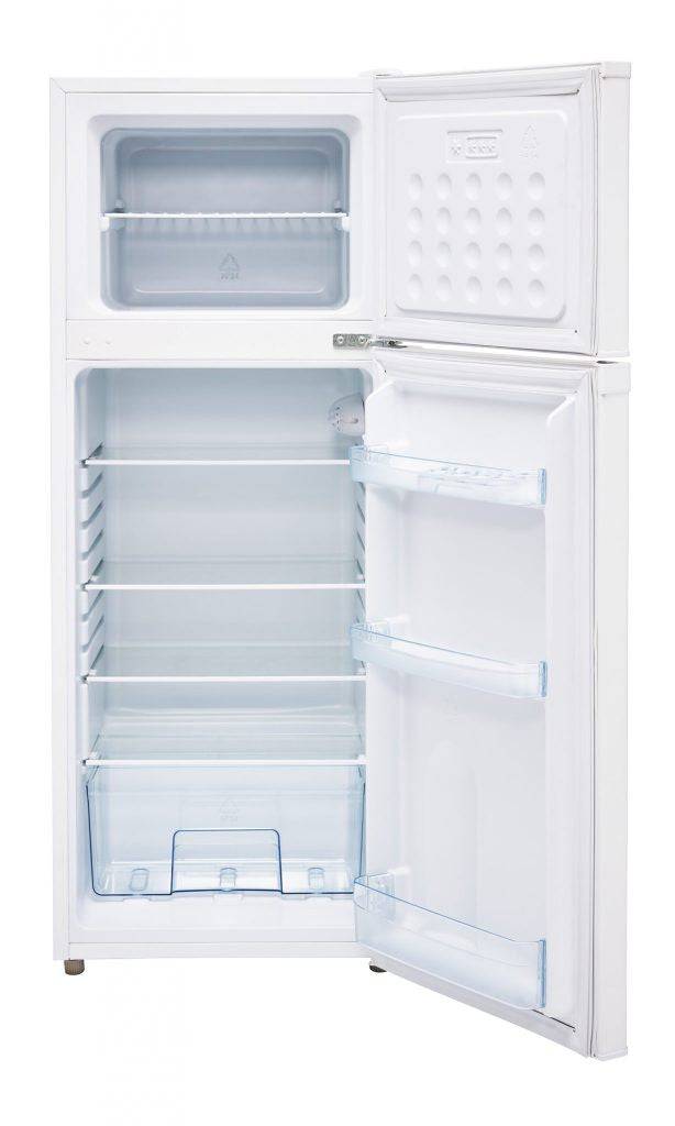 Unique white solar DC fridge with freezer open view, 6 cu/ft capacity, featuring Danfoss compressor, available at Cabin Depot.