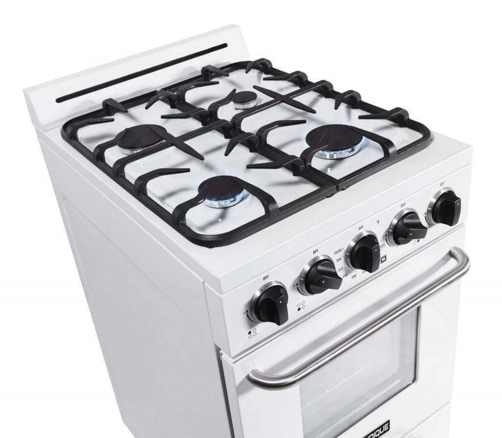 Unique 20" Propane Classic Range with cast-iron grates, off-grid battery ignition, perfect for Cabin Depot kitchens.