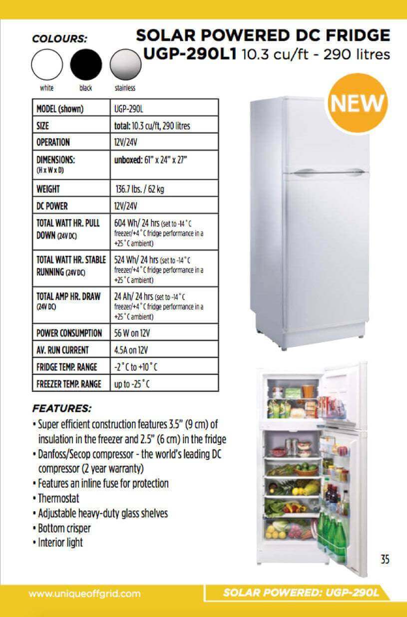 Unique 10.3 Cu/Ft Solar DC Fridge UGP-290L1, energy-saving design for off-grid cabin use, by Cabin Depot.