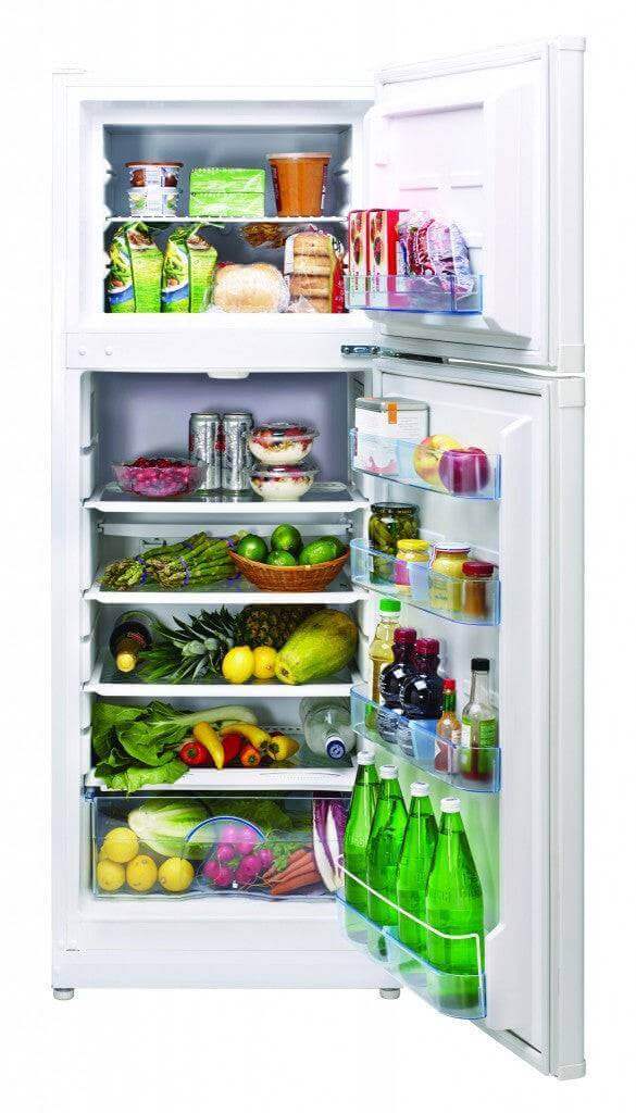 Open Unique 10.3 Cu/Ft Solar DC Fridge freezer showing full interior shelves, available at Cabin Depot for efficient energy savings.
