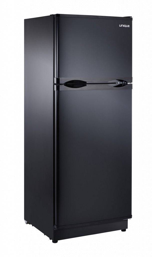 Unique 10.3 Cu/Ft 12/24V Solar DC Fridge with Freezer, UGP-290L1, energy efficient, available at Cabin Depot, black design.