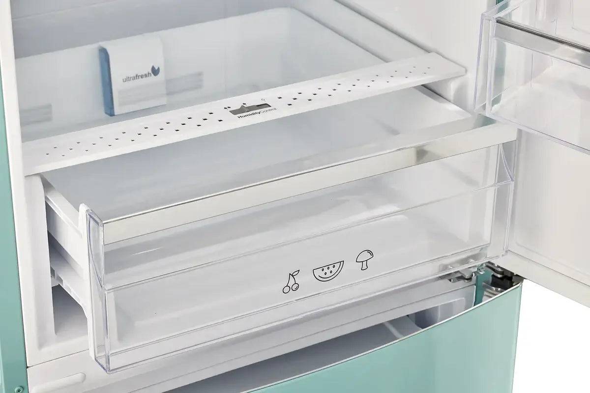 Wide open view of the Unique 12 Cu/Ft Classic Retro Bottom Mount Refrigerator with frost-free design available at Cabin Depot.