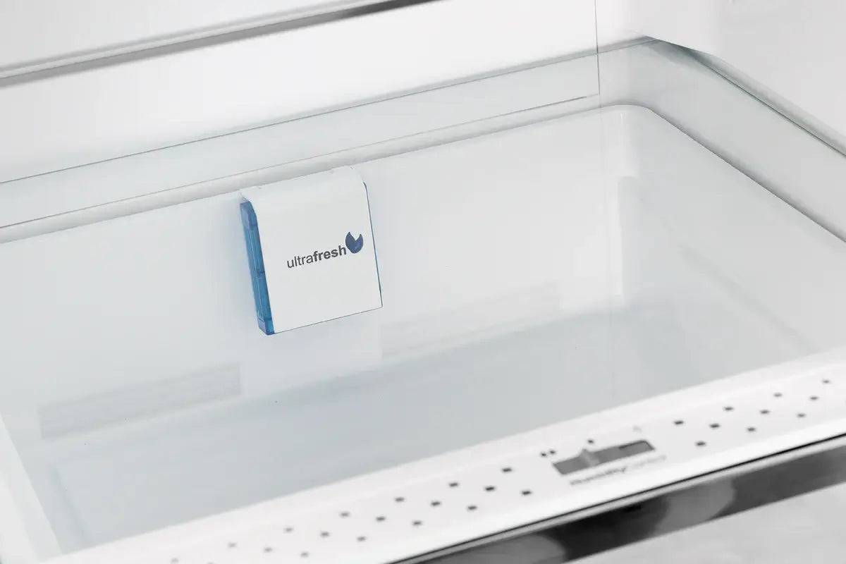 Interior of Unique 12 Cu/Ft Classic Retro Bottom Mount Refrigerator with ultrafresh label, available at Cabin Depot.