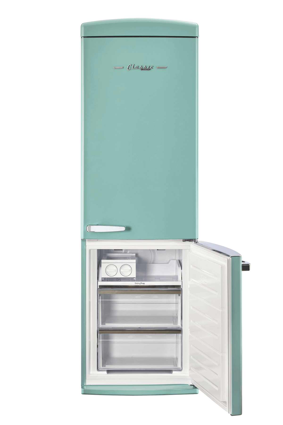 Unique 12 Cu/Ft Classic Retro Bottom Mount Refrigerator in teal, available at Cabin Depot. ENERGY STAR certified and frost-free design.