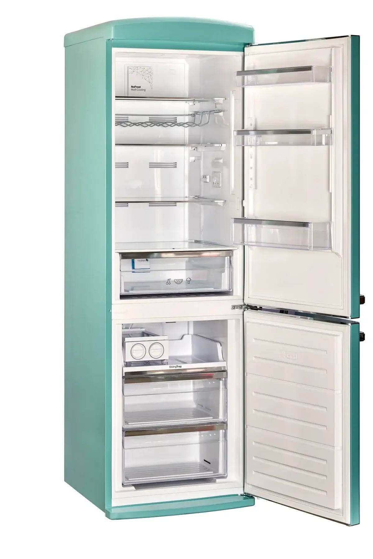 Unique 12 Cu/Ft Retro Fridge from Cabin Depot - Open view, showing storage and chrome accents, energy-efficient bottom mount design.