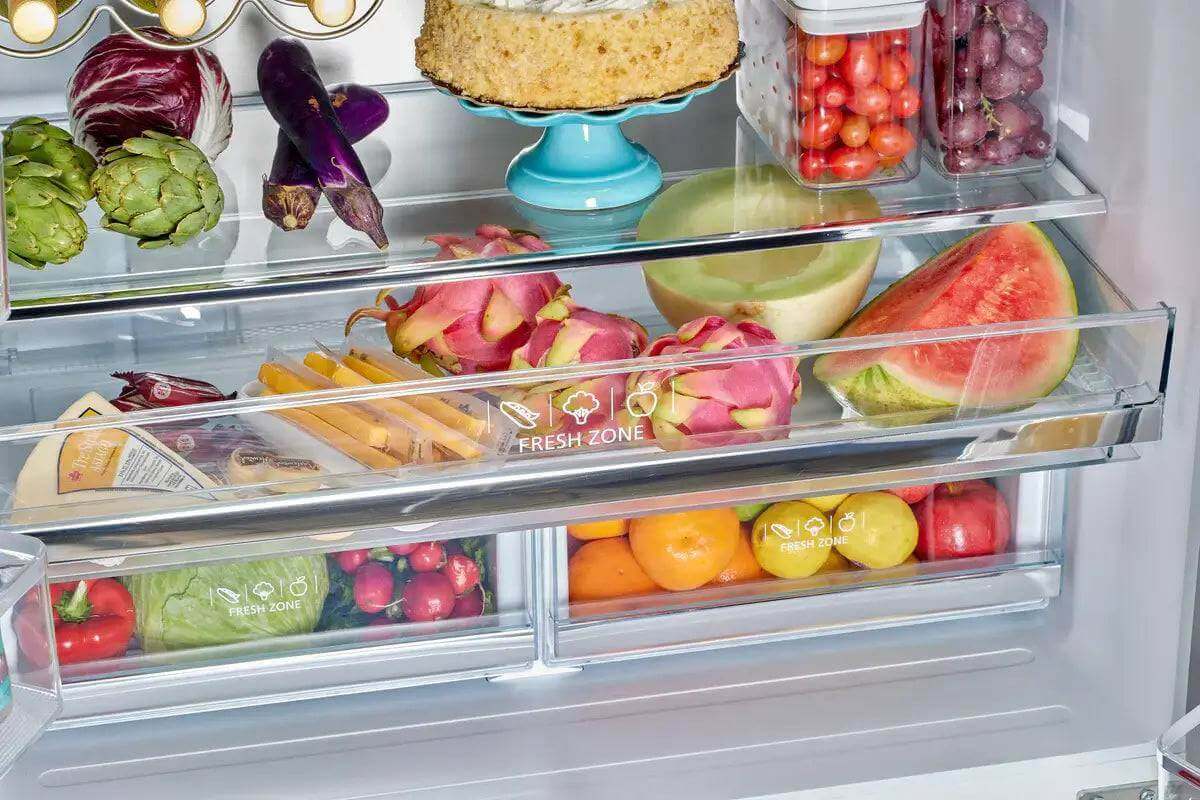 Alt Tag: Open Unique 21.4 Cu/Ft French Door Refrigerator showing stocked fresh produce, perfect for your kitchen from Cabin Depot.