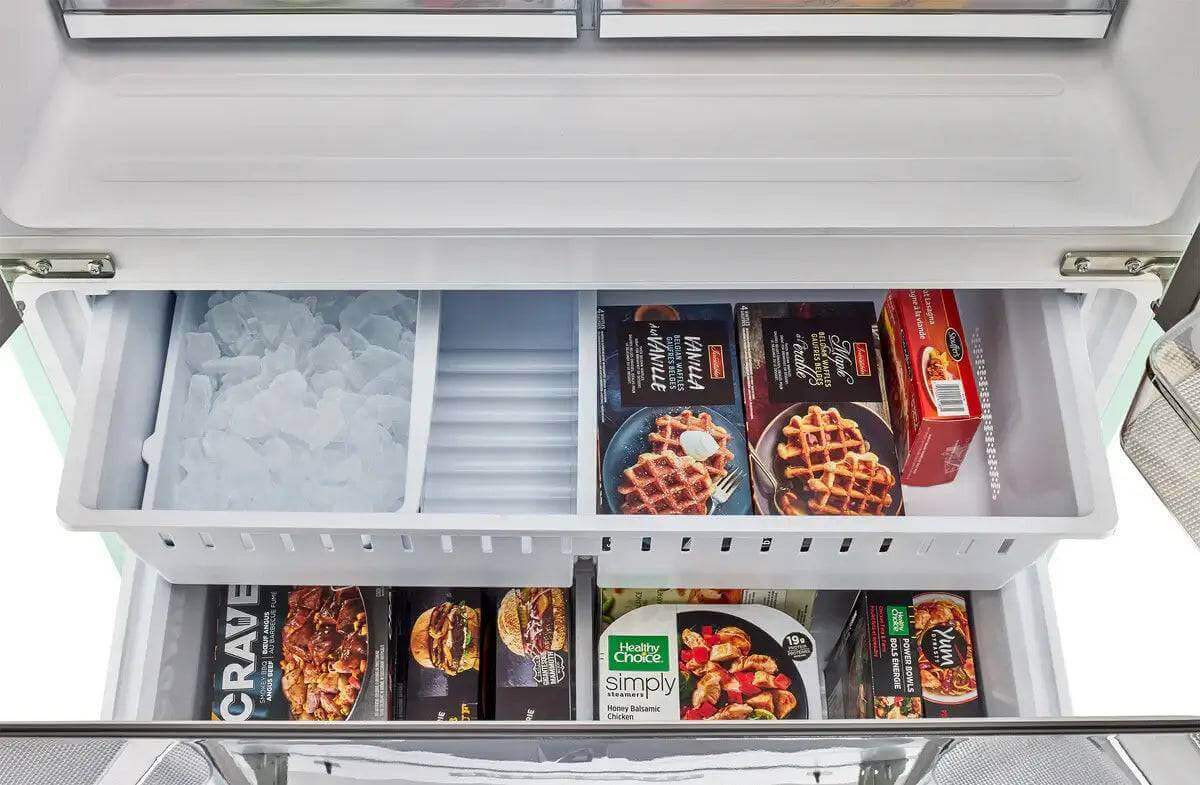 Interior drawer of the Unique 21.4 Cu/Ft French Door Refrigerator with ice bin and frozen foods, available at Cabin Depot.