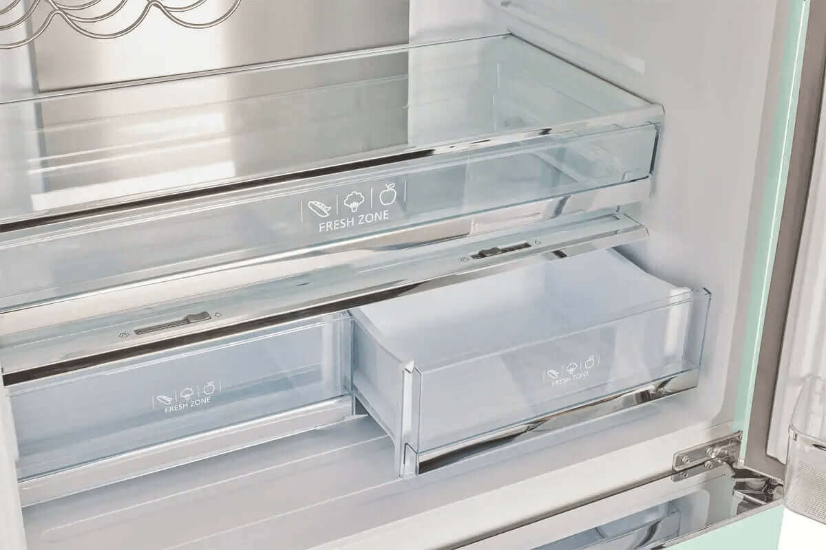 Interior of Cabin Depot 21.4 Cu/Ft French Door Refrigerator showing storage drawers in frost-free design, Energy Star certified. 