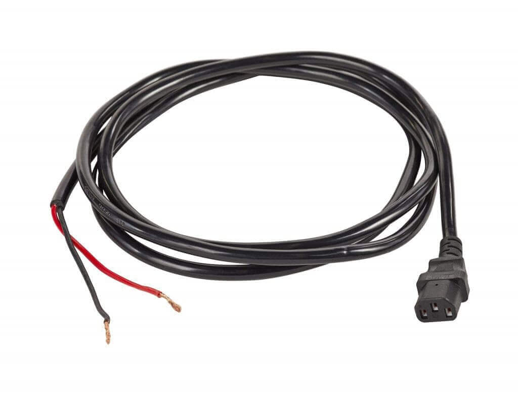 Black power cable with exposed red and black wires, designed for electrical connections and efficient power transfer.