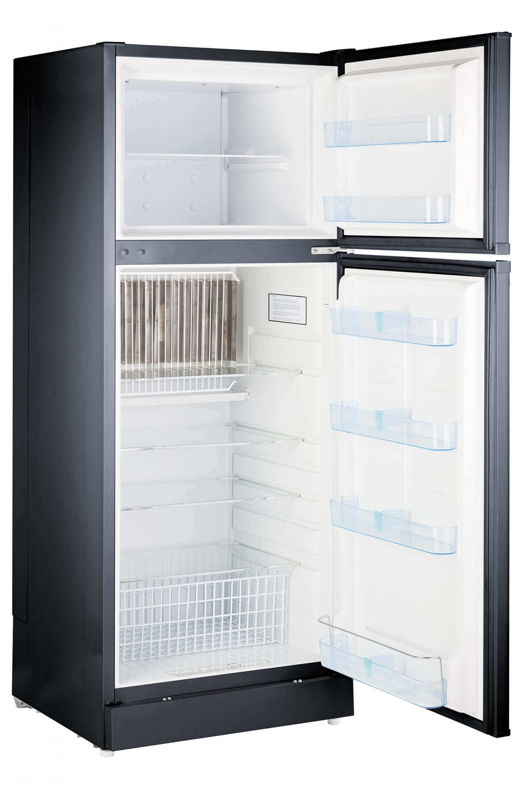 Unique 14 Cu/Ft Propane Fridge with open doors, available at Cabin Depot, features adjustable shelves for spacious family storage.