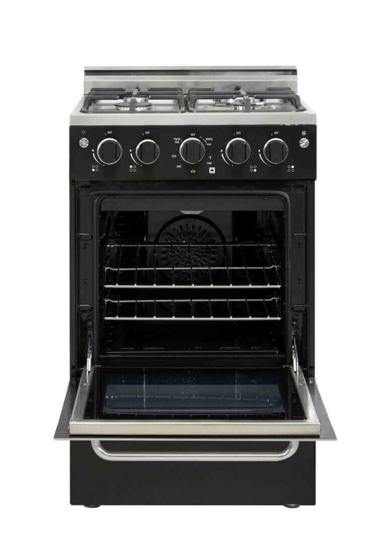 Unique Prestige 20" Convection Gas Range with electronic ignition, open door view, available at Cabin Depot.