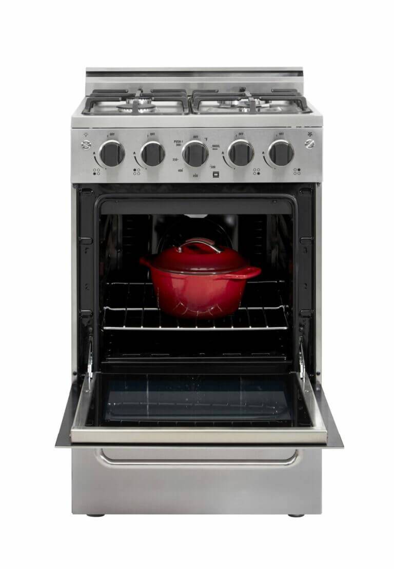 Unique Prestige 20" Convection Gas Range with open oven, featuring cast-iron grates and red pot. Available at Cabin Depot.