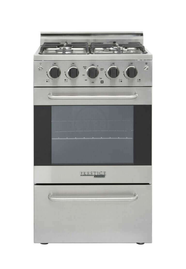 Unique Prestige 20" Convection Gas Range with electronic ignition available at Cabin Depot, featuring stainless design and cast-iron grates.