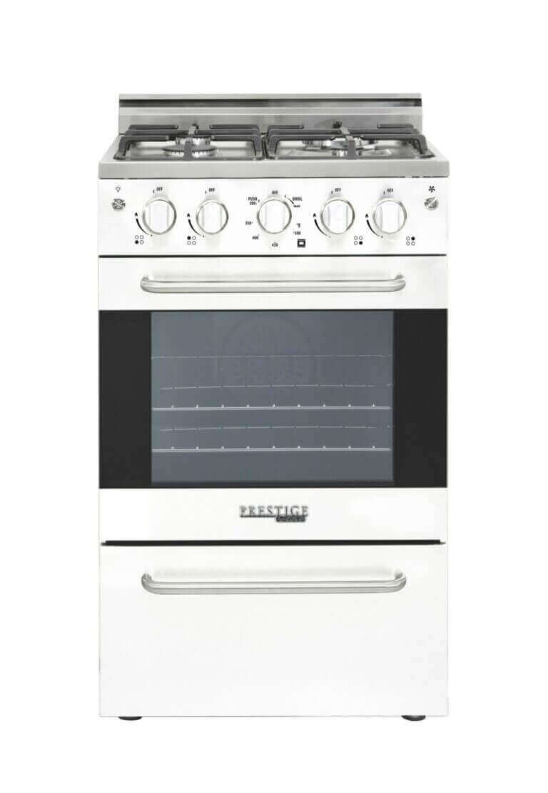 Unique Prestige 20" Convection Gas Range with electronic ignition, available at Cabin Depot. Stainless finish, cast-iron grates.