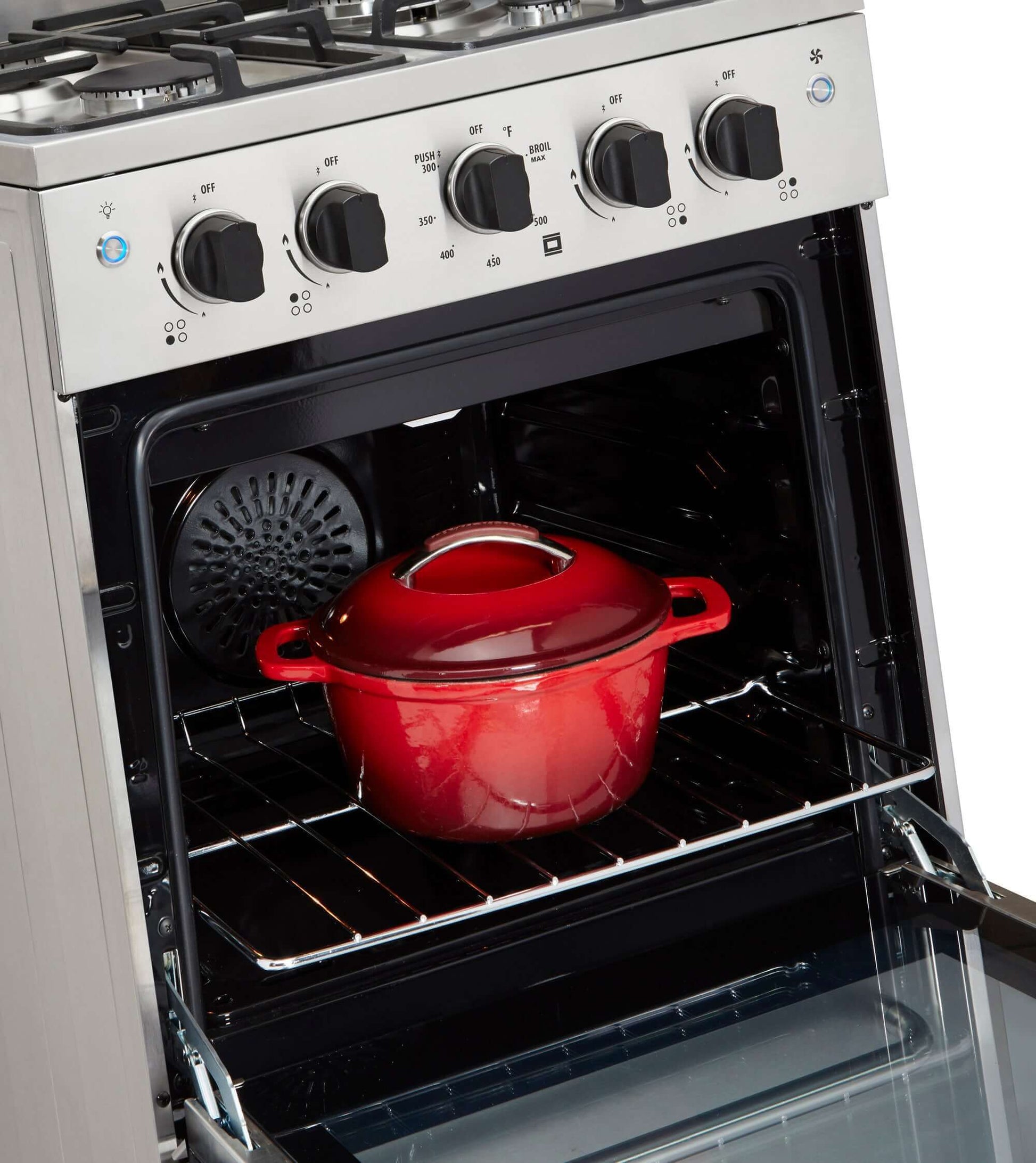 Unique Prestige 24" Convection Gas Range from Cabin Depot with red pot inside, showcasing stainless design and compact convenience.