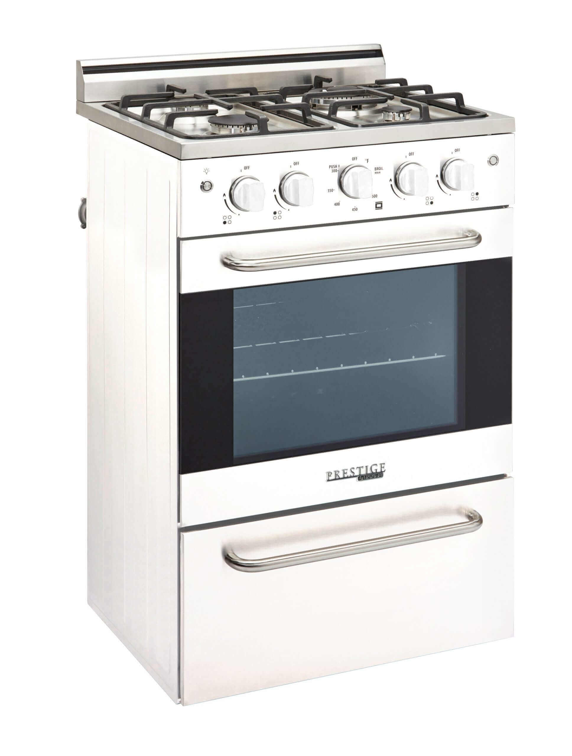 Unique Prestige 24" Stainless Convection Gas Range with Electric Ignition, ideal for cabins, available at Cabin Depot.