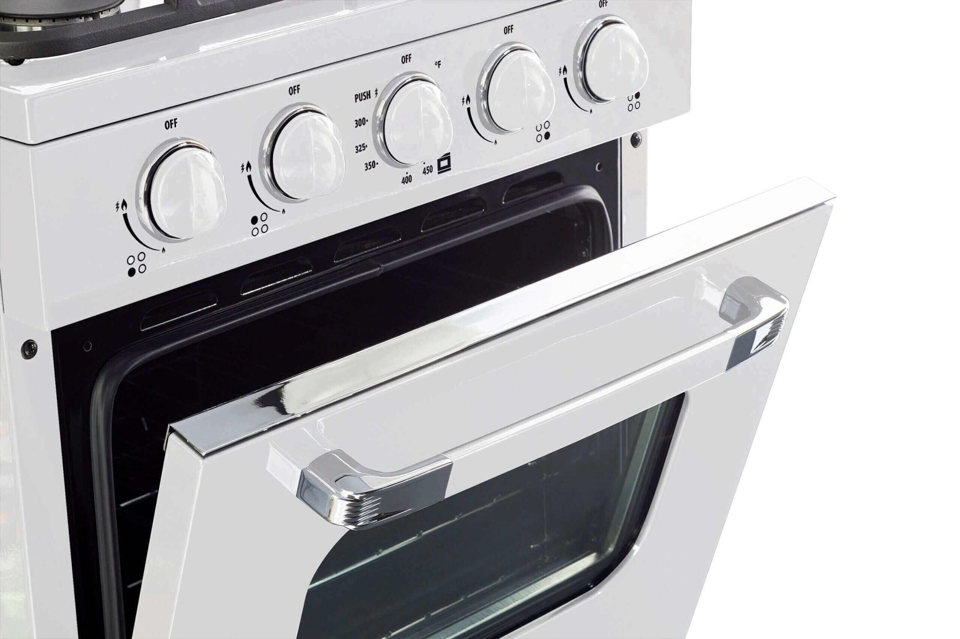 24 inch Classic Retro Propane Range with battery ignition, white finish, available at Cabin Depot for off-grid kitchens.