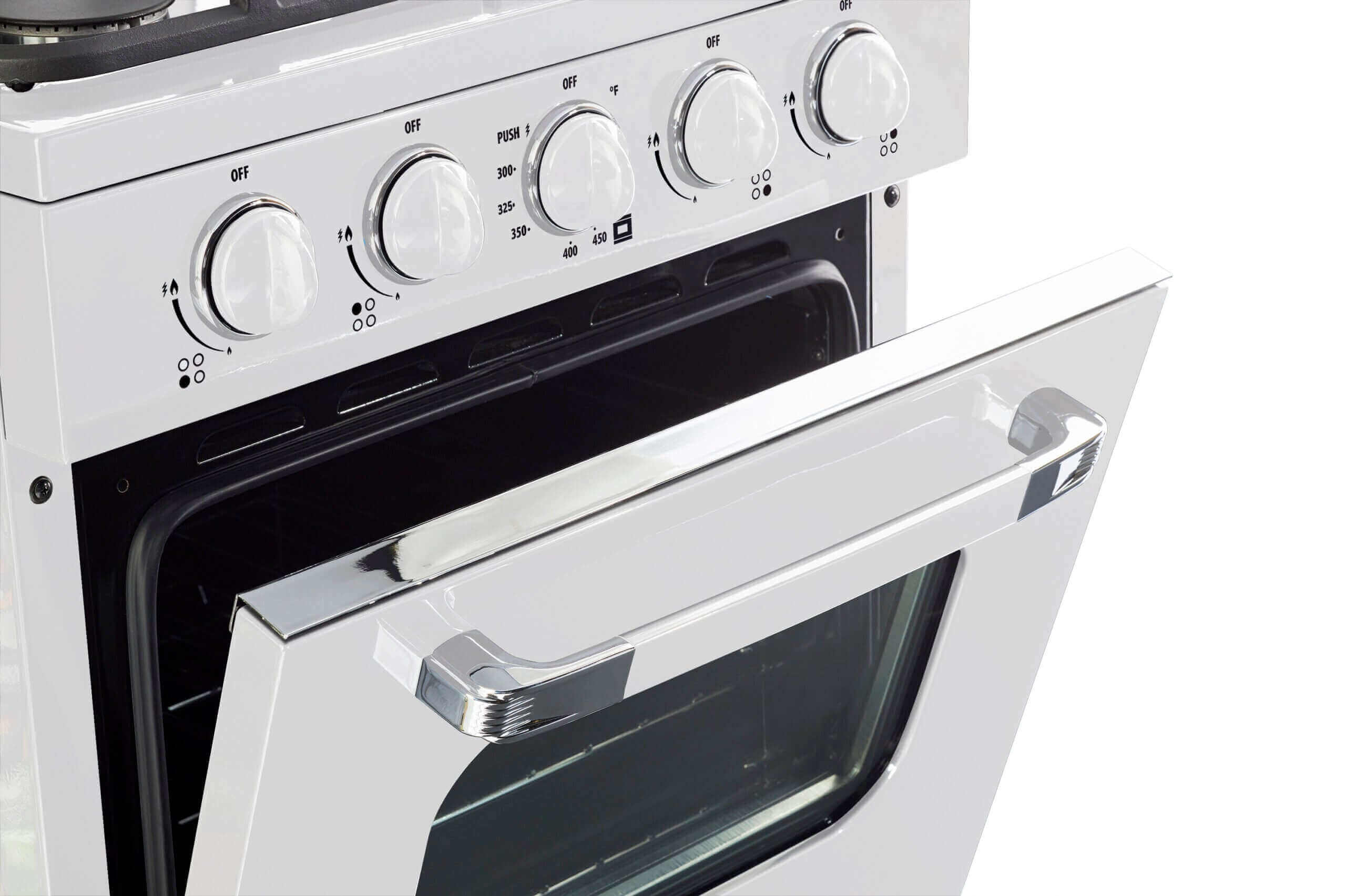 24 inch Classic Retro Propane Range with battery ignition, white finish, available at Cabin Depot for off-grid kitchens.