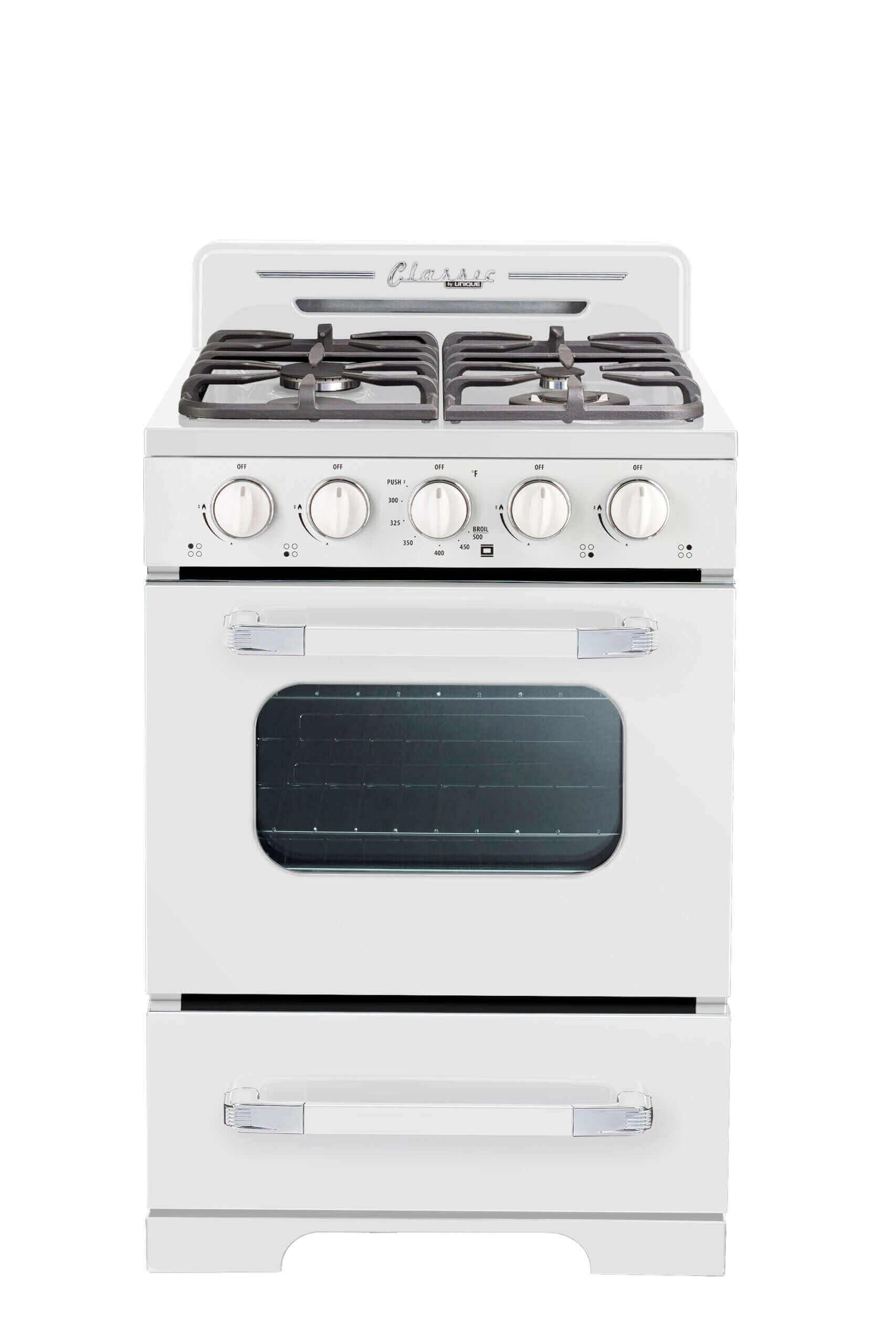 White 24" Classic Retro Propane Range with Battery Ignition from Cabin Depot, perfect for remote kitchens with 1950s nostalgic style.