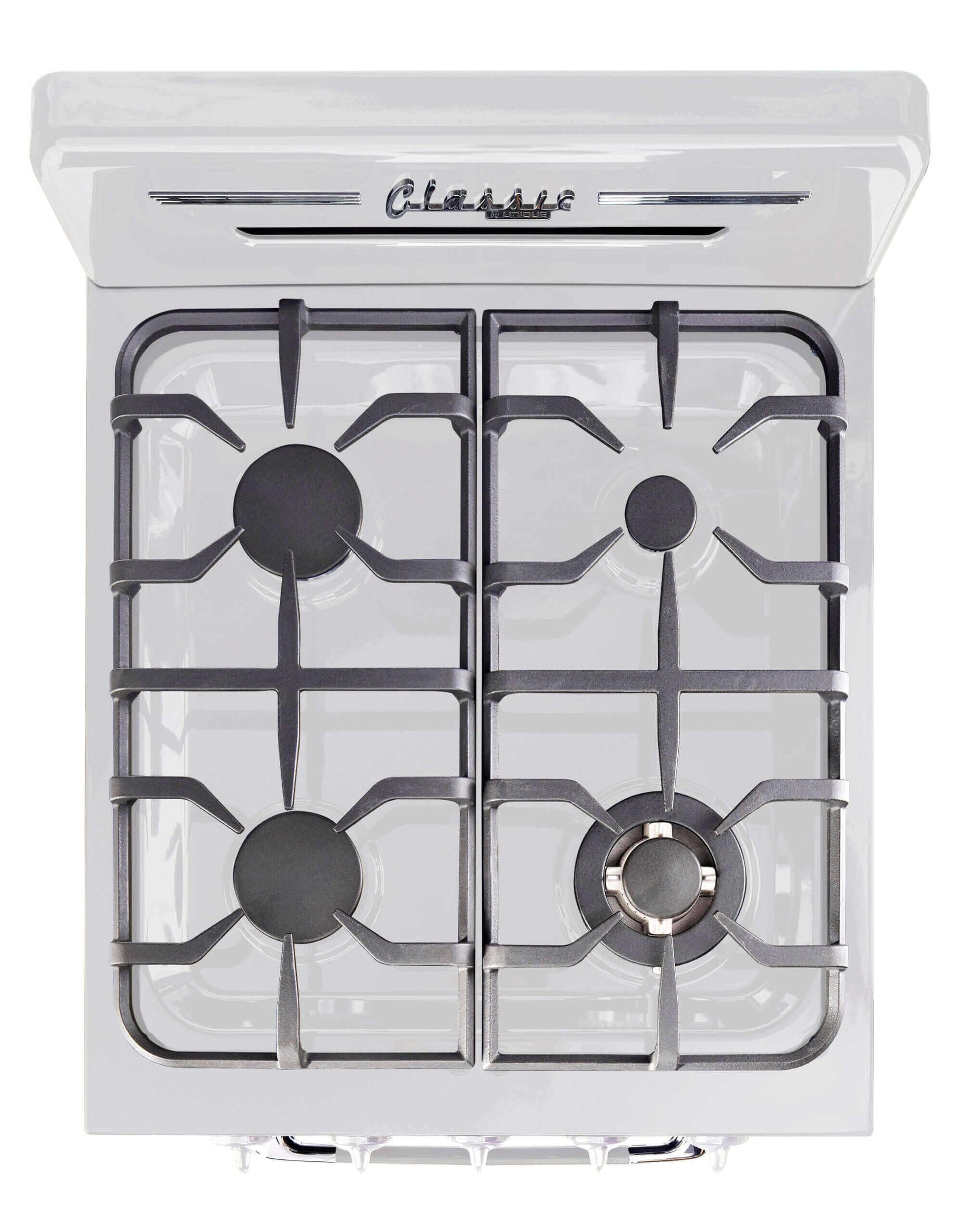 Unique 24 inch Classic Retro Propane Range in White, featuring 1950s design with battery ignition, available at Cabin Depot.