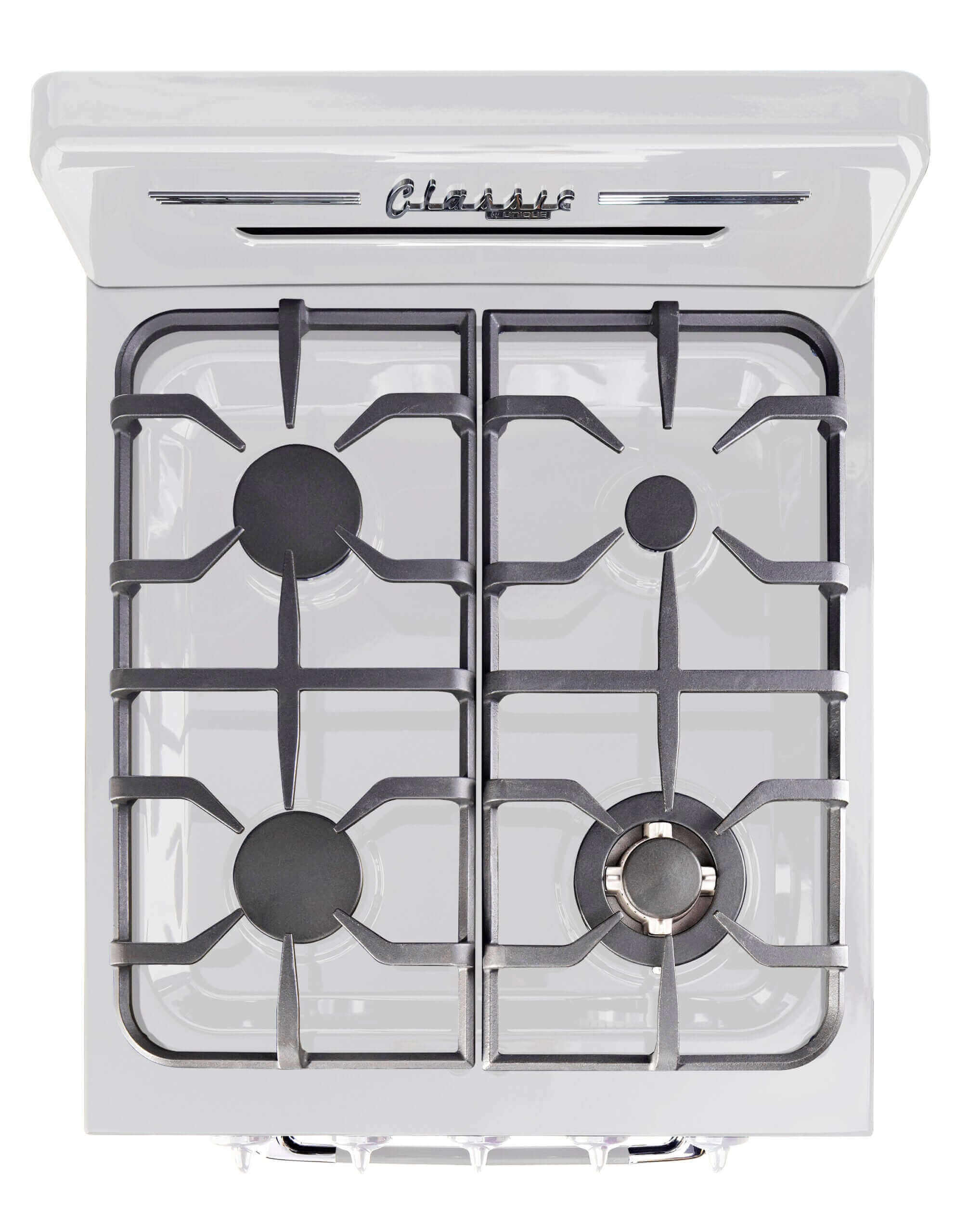 Unique 24 inch Classic Retro Propane Range in White, featuring 1950s design with battery ignition, available at Cabin Depot.