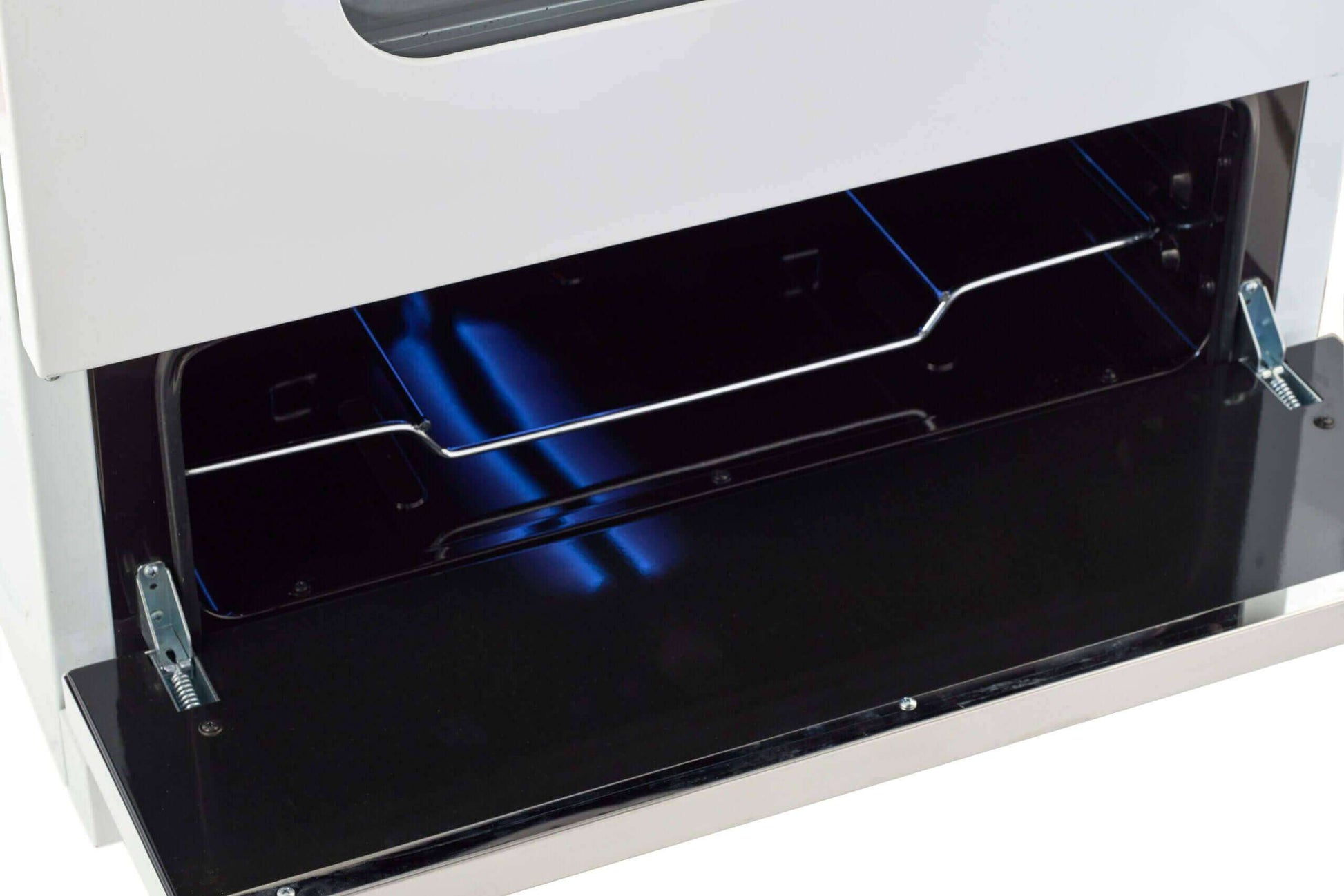 Open oven of Unique 24" Classic Retro Propane Range with battery ignition, showcasing internal view. Available at Cabin Depot.