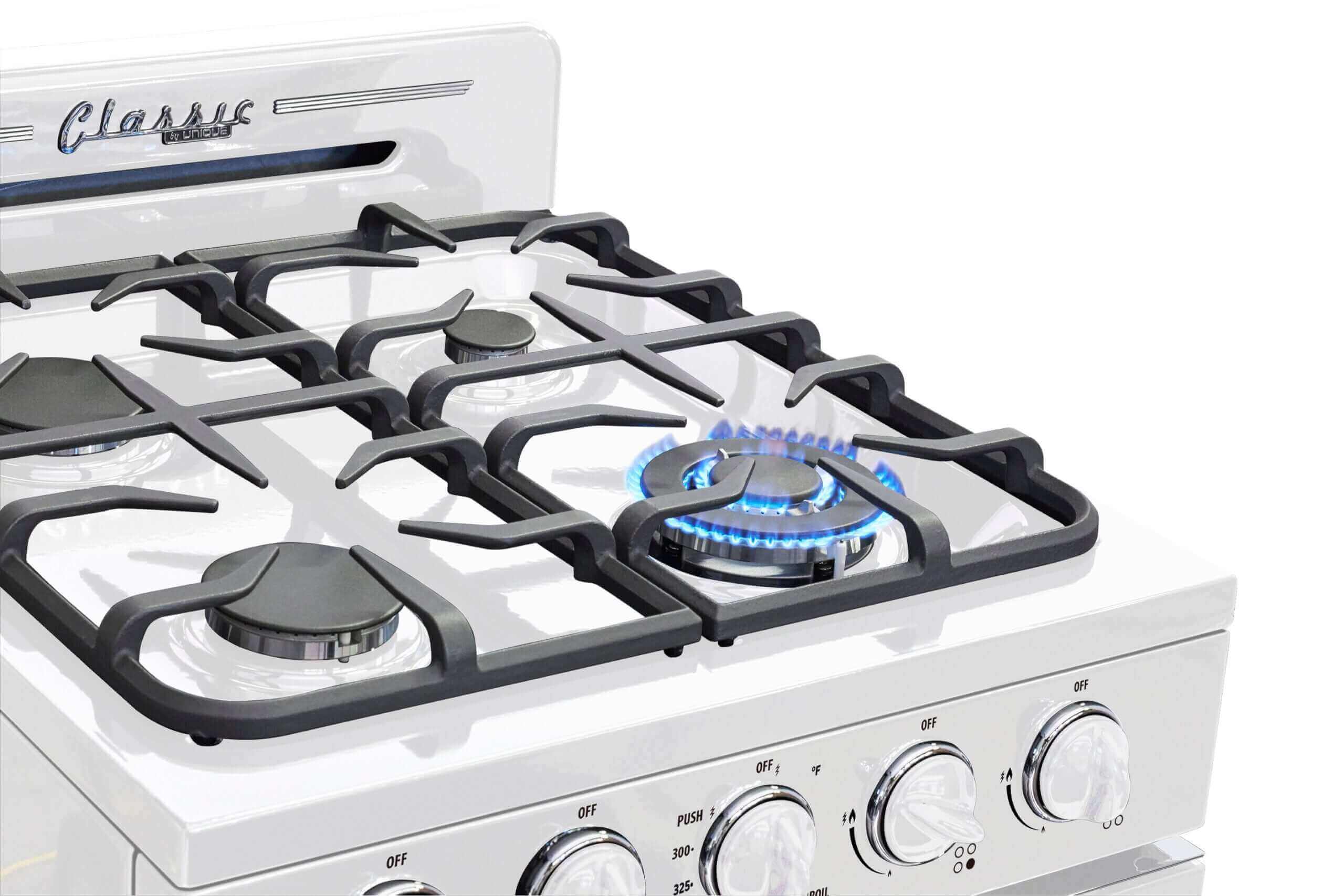24-inch Classic Retro Propane Range in white with battery ignition, available at Cabin Depot. Perfect for off-grid kitchens.