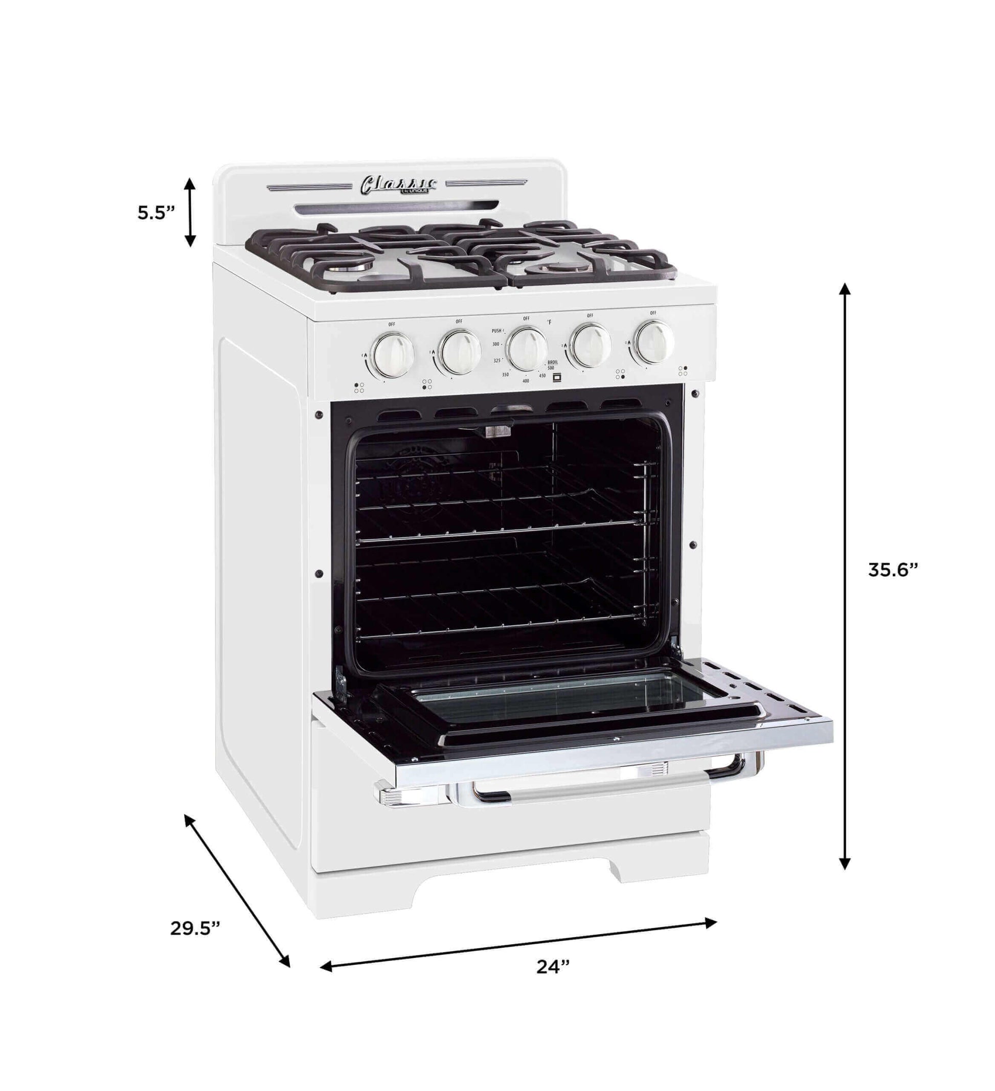 Unique 24-inch Classic Retro Propane Range with Battery Ignition, White - Cabin Depot