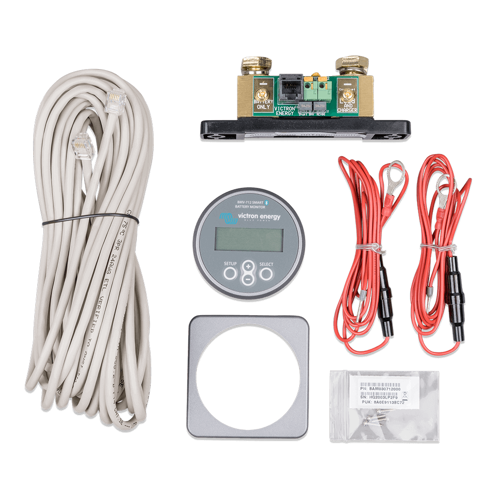 Victron BMV-712 Battery Monitor with cables and accessories, available at Cabin Depot, for accurate real-time battery SOC monitoring.
