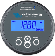 Victron BMV-712 Battery Monitor displaying voltage, available at Cabin Depot for real-time SOC monitoring and Bluetooth connectivity.
