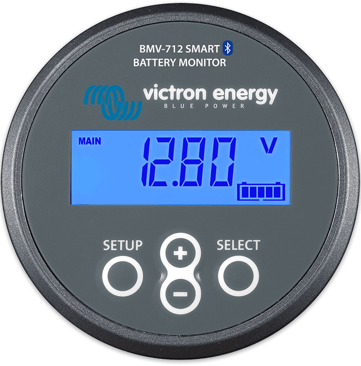 Victron BMV-712 Battery Monitor displaying voltage, available at Cabin Depot for real-time SOC monitoring and Bluetooth connectivity.
