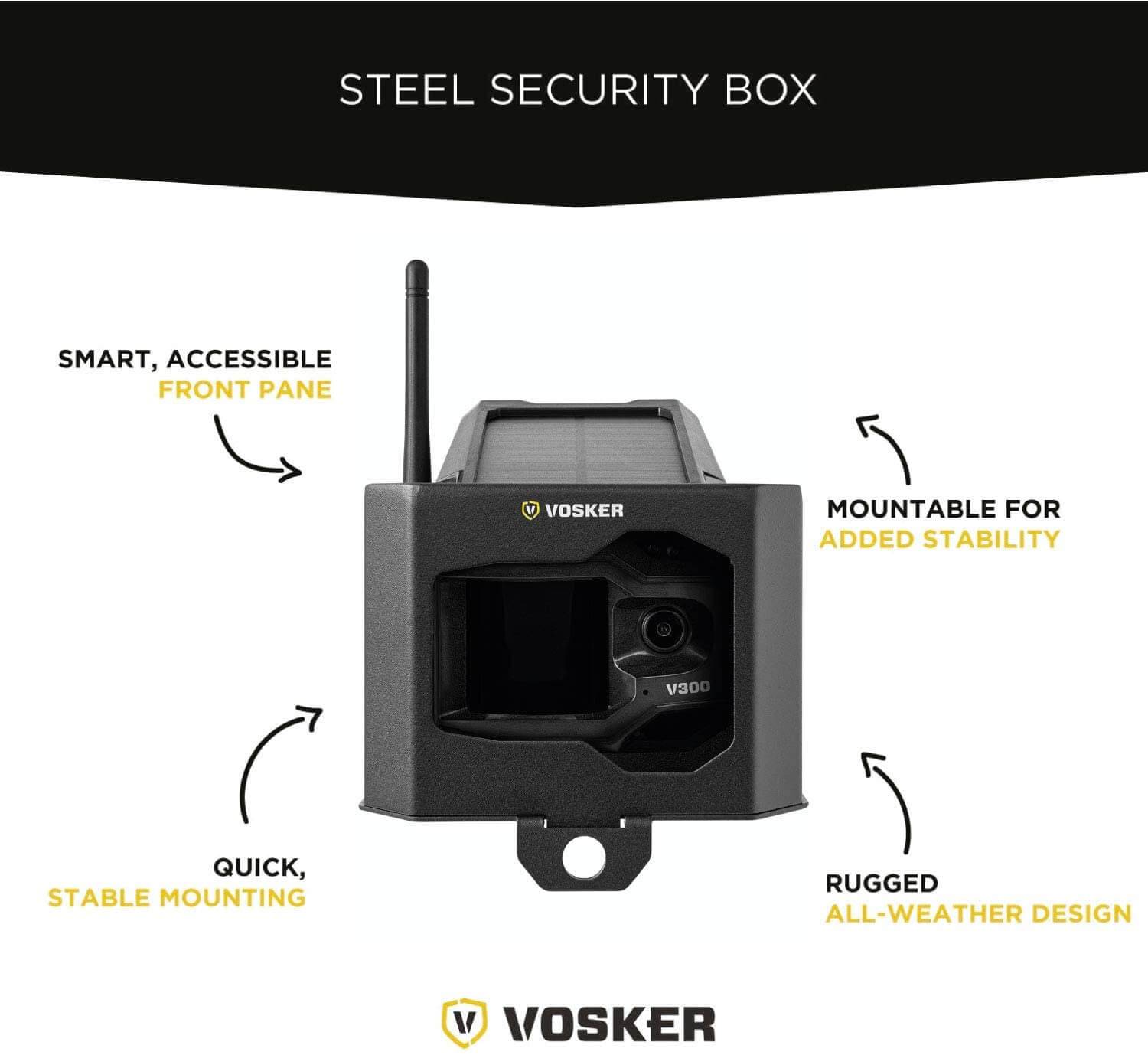 Vosker Steel Security Box for V150 Camera, weather-resistant design. Protects against theft. Available at Cabin Depot.