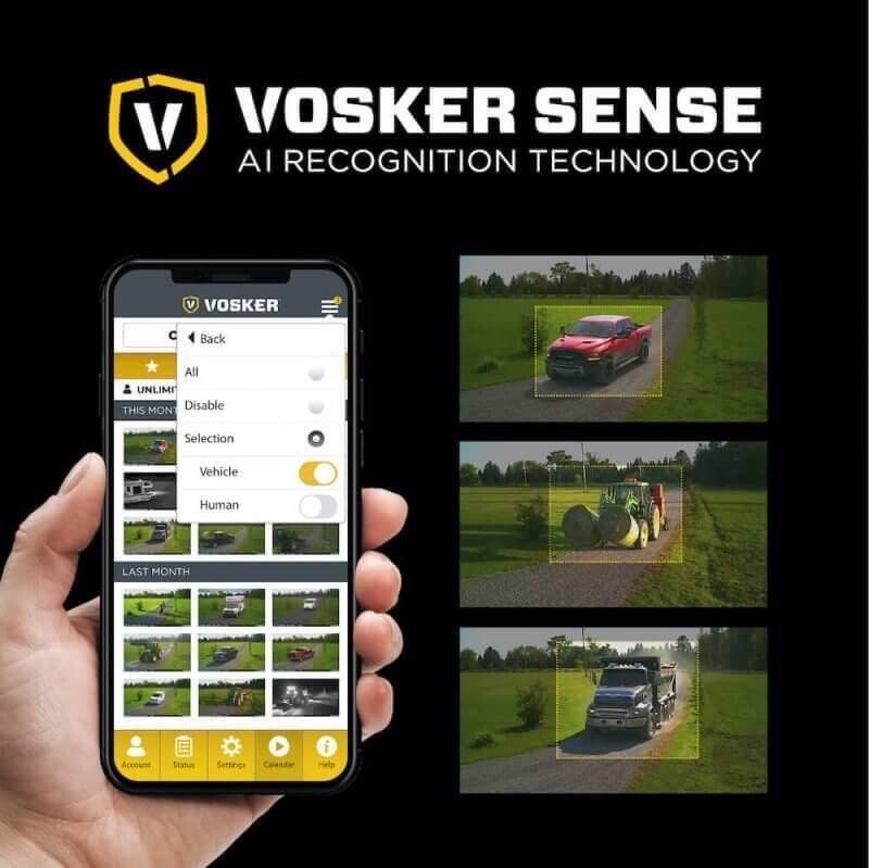 Vosker Sense AI recognition technology for outdoor monitoring, showcasing security alerts on a smartphone, ideal for remote surveillance at Cabin Depot.