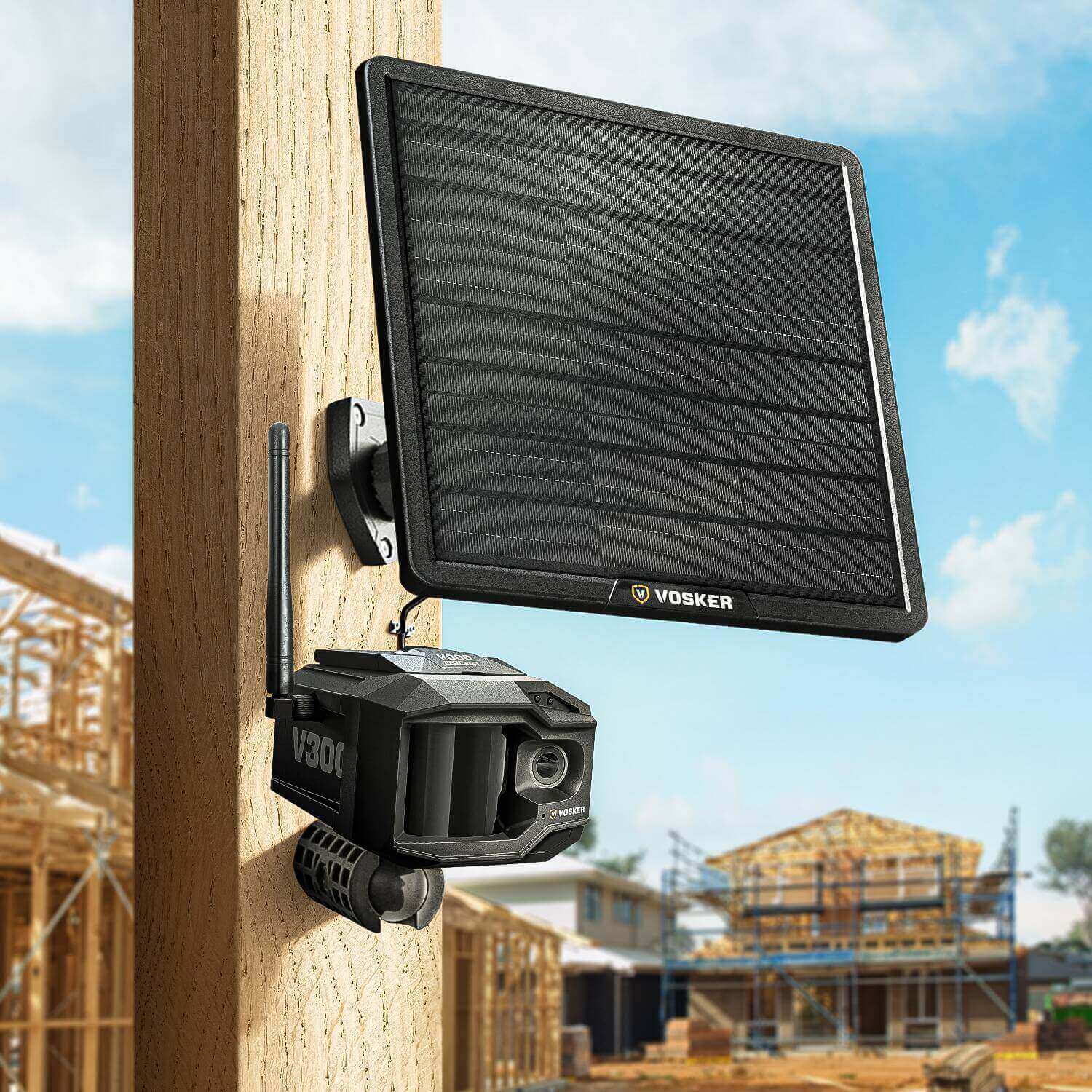 Vosker V300 Ultimate 4G-LTE security camera with solar panel mounted outdoors, available at Cabin Depot, suitable for Canadian use.