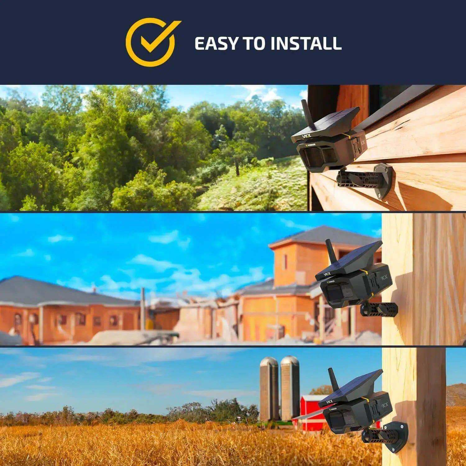 Solar-powered Vosker VKX-CA 4G-LTE security camera mounted outdoors; easy installation at Cabin Depot locations.